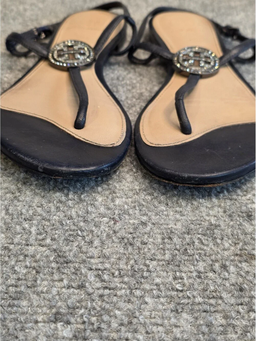 Tory Burch Liana Flat Embellished Thong Sandals Navy Blue Crystal Logo 8.5M